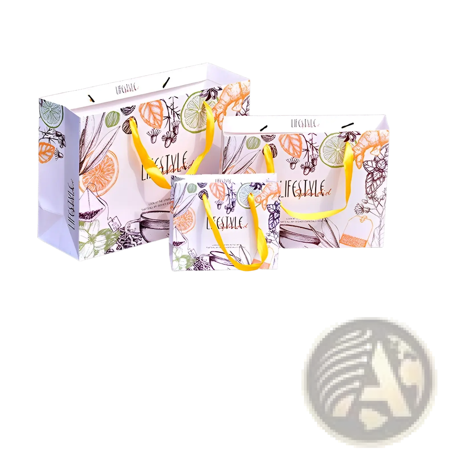 Three white paper shopping bags with yellow handles and citrus design for 3d wooden steam locomotive puzzle kit