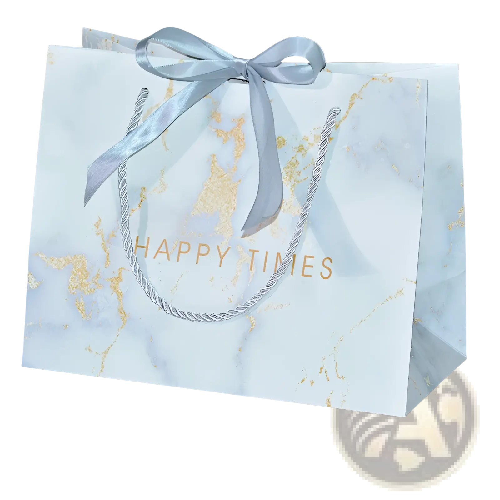 A white and gold marble-patterned gift bag with silver handles and happy times text for 3d wooden steam locomotive puzzle kit