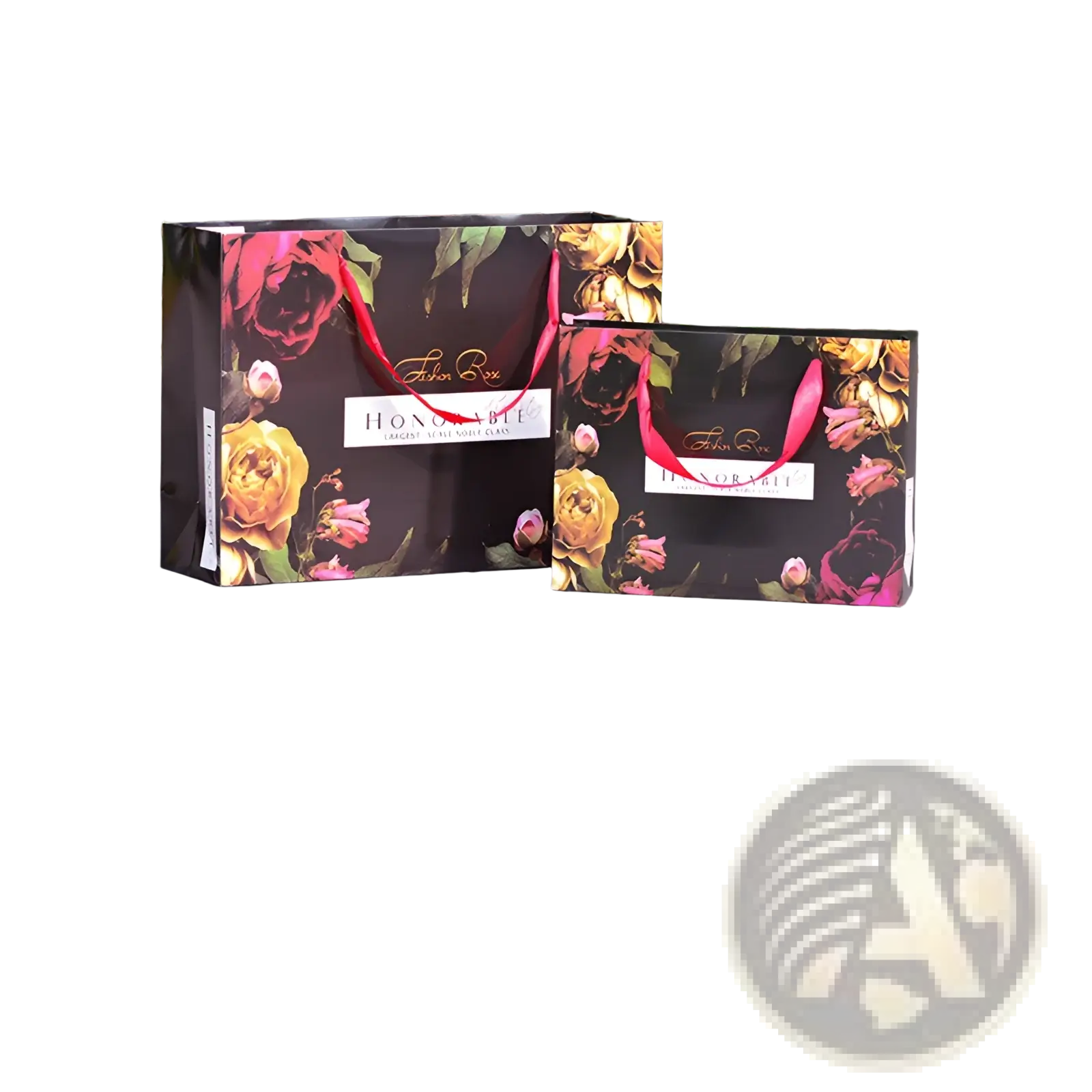 Elegant black paper gift bags with vibrant floral patterns and red satin handles shown with 3d wooden steam locomotive puzzle kit
