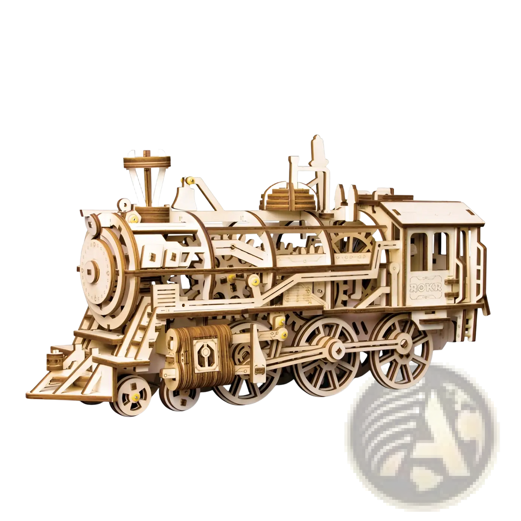 A 3d wooden steam locomotive puzzle model kit featuring a natural light wood finish and intricate cut-out details