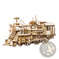 A 3d wooden steam locomotive puzzle model kit featuring a natural light wood finish and intricate cut-out details