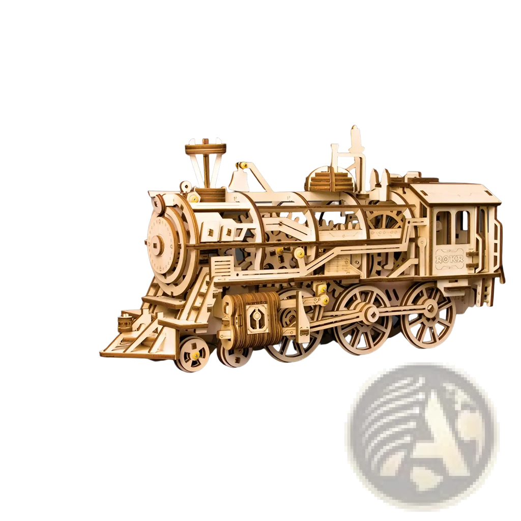 A detailed light-colored wooden 3d steam locomotive puzzle model kit featuring intricate gears and mechanical components