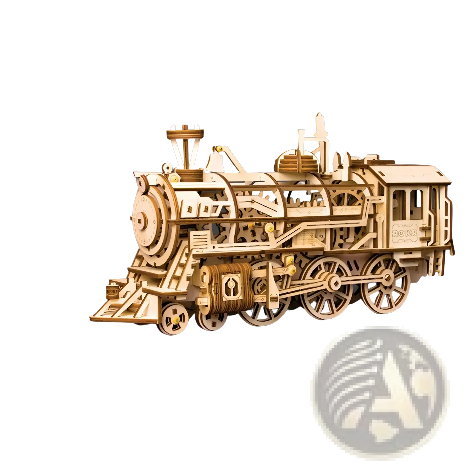 A detailed light-colored wooden 3d steam locomotive puzzle model kit featuring intricate gears and mechanical components