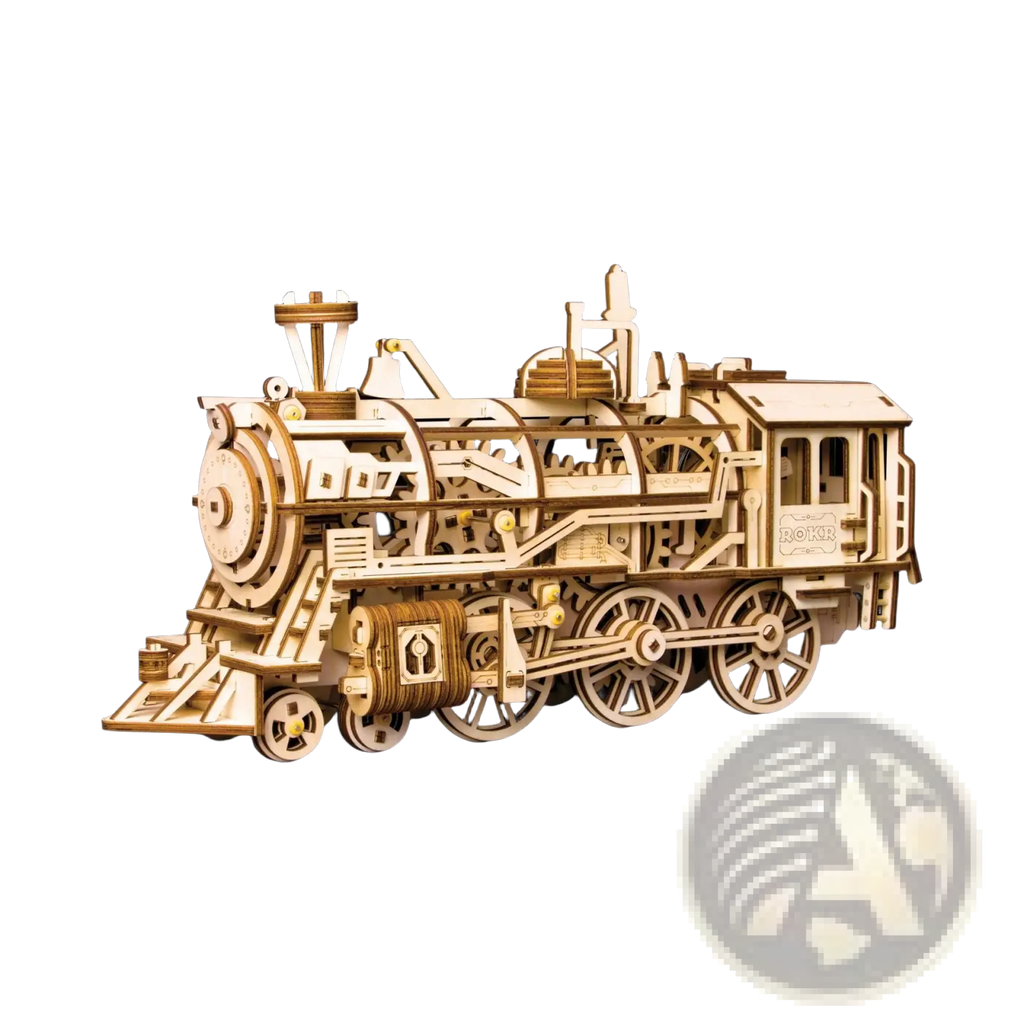 A detailed light-colored wooden 3d steam locomotive puzzle model kit with intricate gears and mechanical components