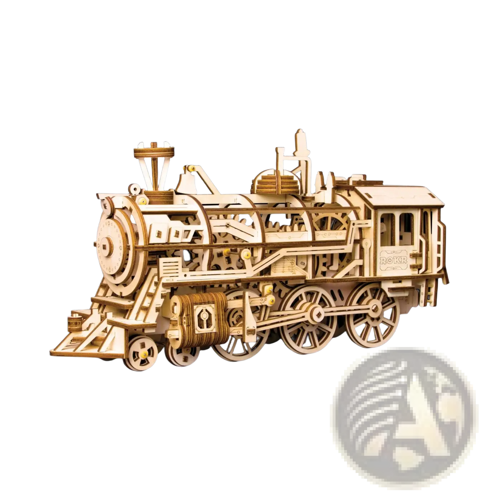 A detailed light-colored wooden 3d steam locomotive puzzle model kit with intricate gears and mechanical components