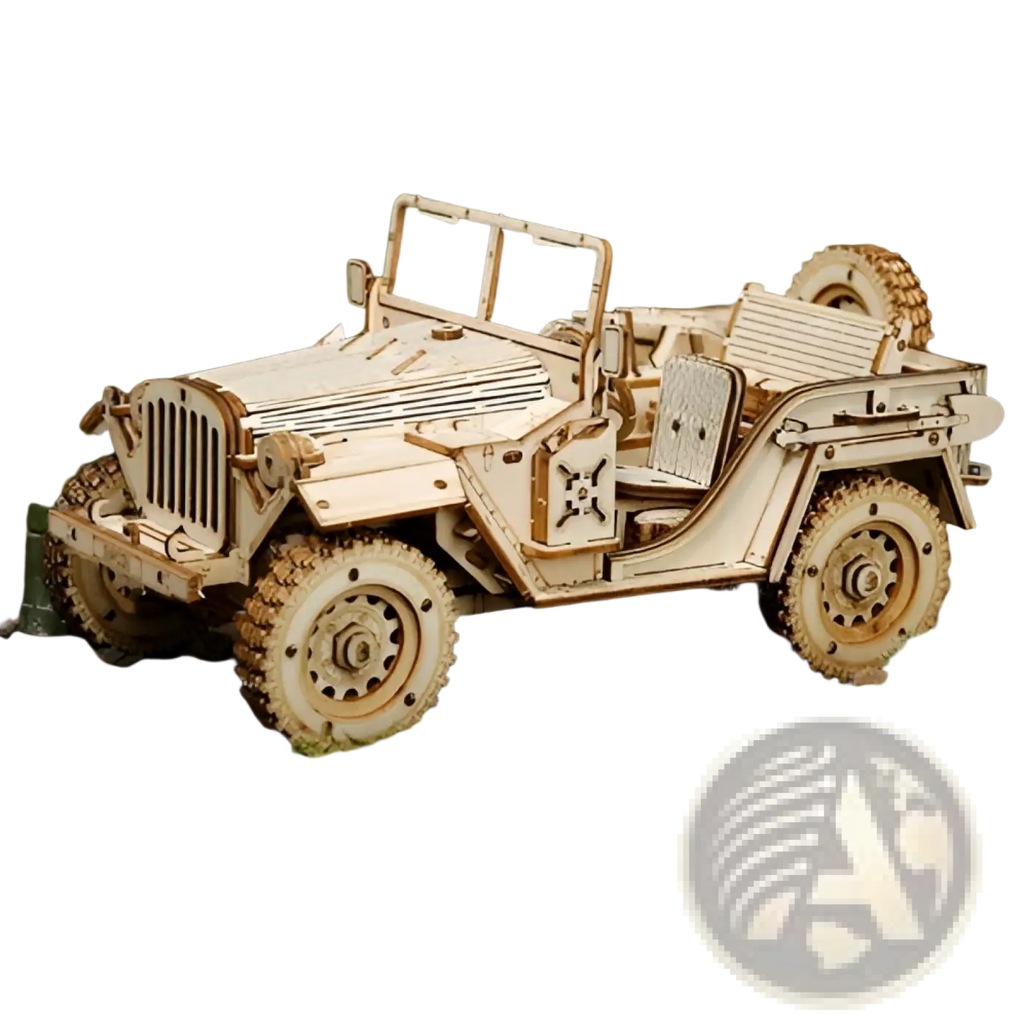 A detailed 3d wooden train puzzle diy mechanical model kit featuring a classic military-style jeep in natural wood tones