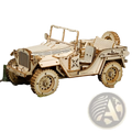 A detailed 3d wooden train puzzle diy mechanical model kit featuring a classic military-style jeep in natural wood tones