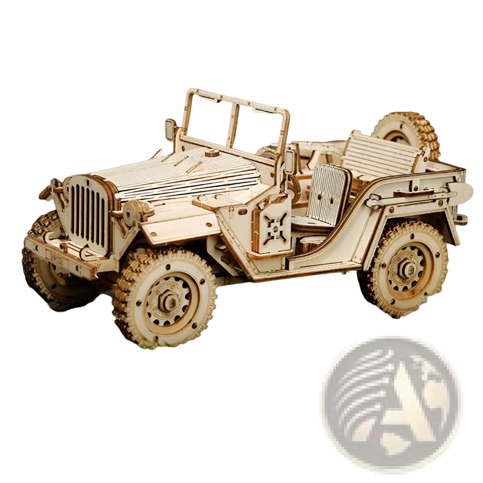 A detailed light-colored wooden jeep model with intricate laser-cut parts from a 3d wooden train puzzle diy kit