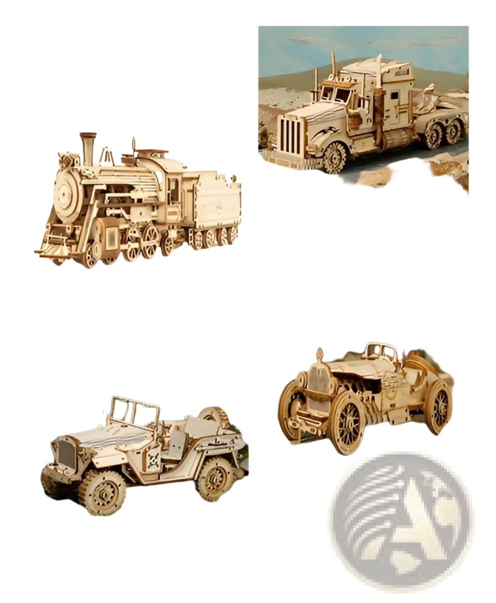 Wooden steam locomotive model with intricate mechanical details and natural light brown finish from 3d wooden train puzzle kit