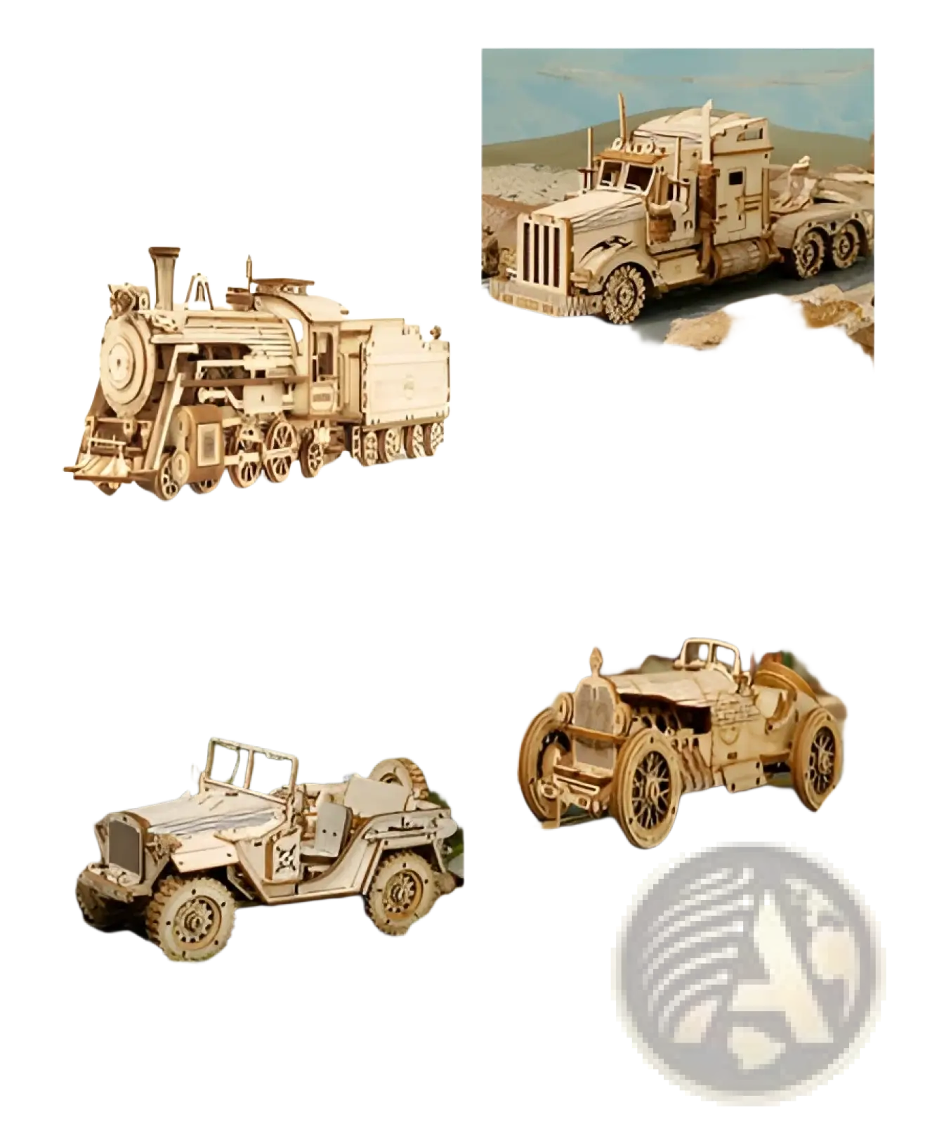 Wooden steam locomotive model with intricate mechanical details and natural light brown finish from 3d wooden train puzzle kit