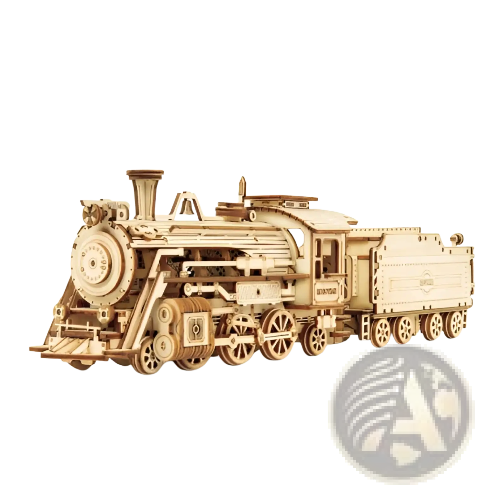 A meticulously crafted 3d wooden train puzzle diy mechanical model kit with intricate detailing and light brown finish