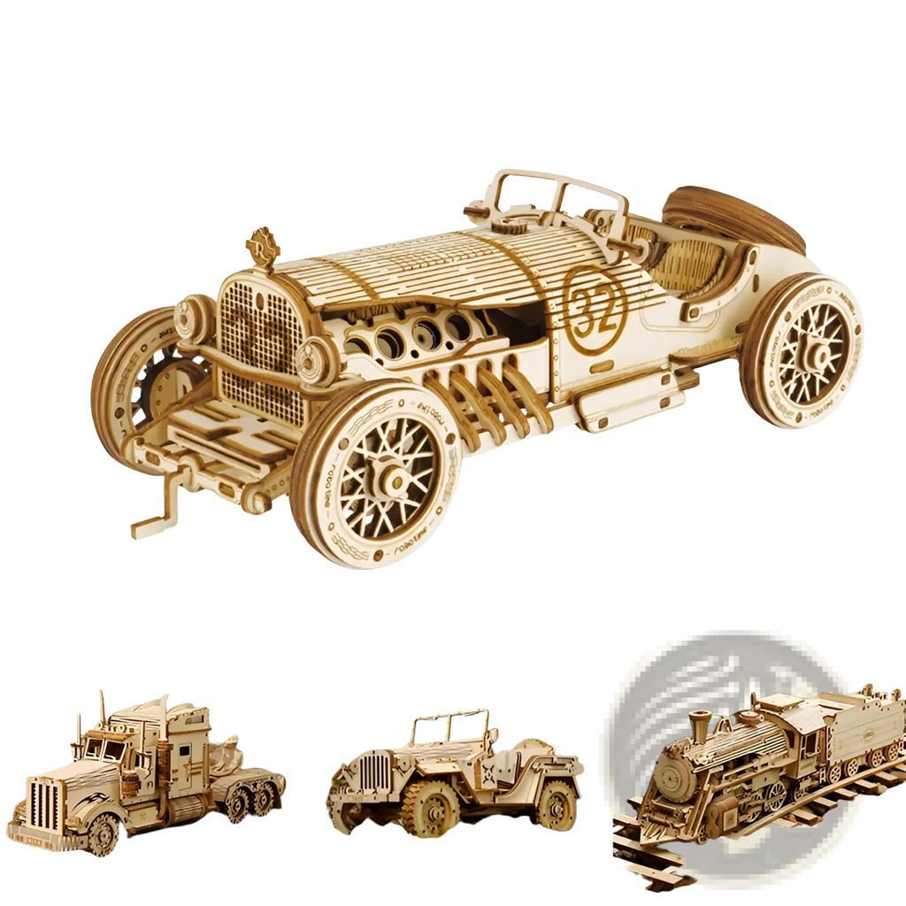 A meticulously crafted wooden 3d mechanical model kit of a vintage race car with intricate details and number 32