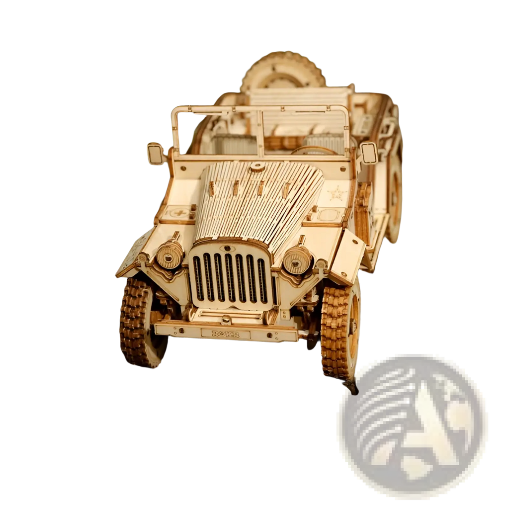 A wooden 3d diy mechanical model kit featuring a detailed vintage military jeep with authentic grille design