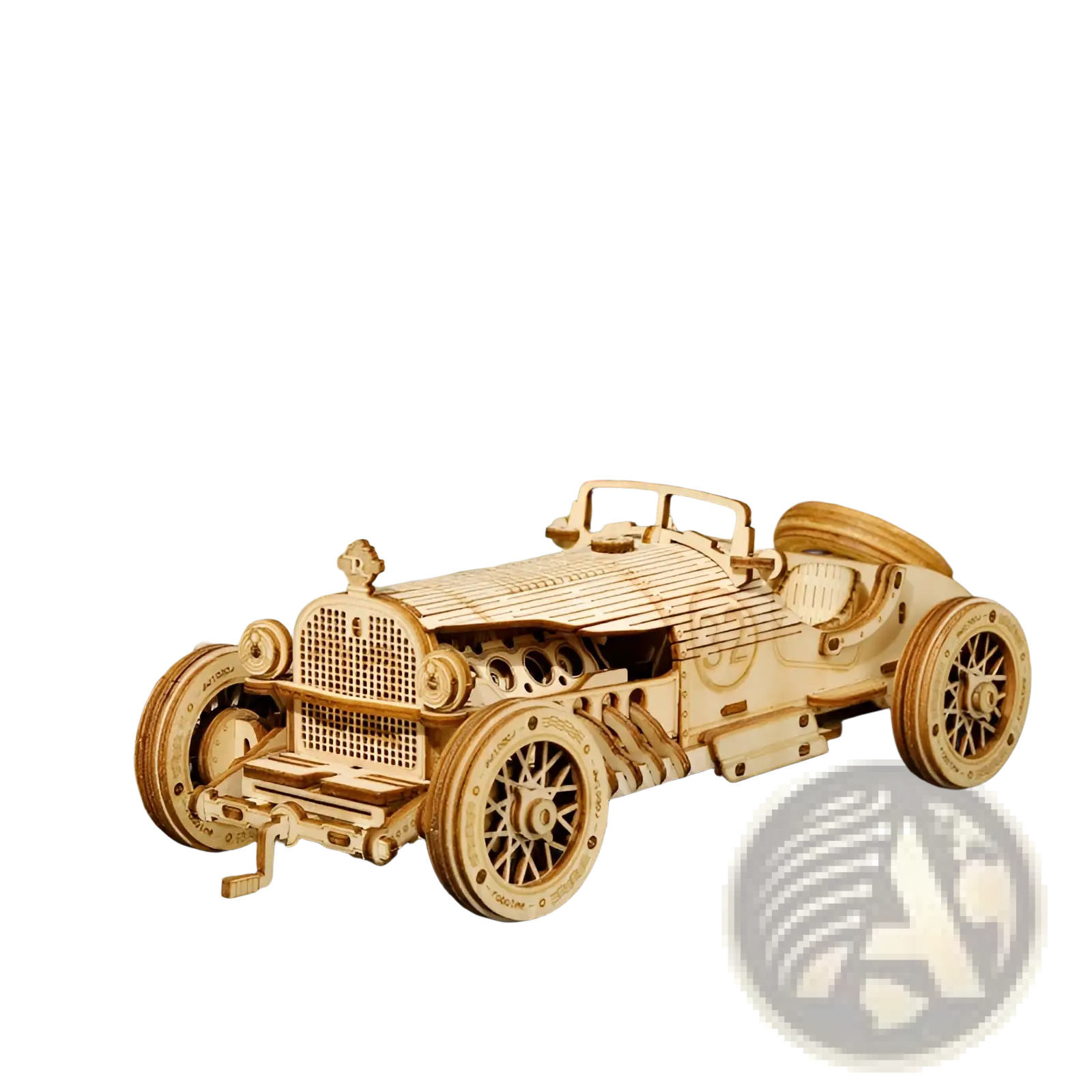 A detailed wooden model of a vintage race car in natural light brown finish from 3d wooden train puzzle diy mechanical model kit