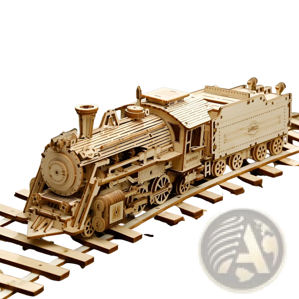 A detailed 3d wooden train puzzle diy mechanical model kit with intricate cut-out details and natural light brown finish