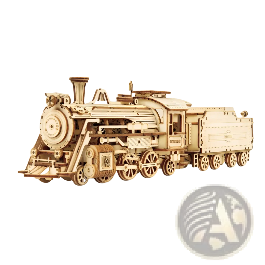 A meticulously crafted 3d wooden train puzzle diy mechanical model kit in natural light brown with intricate details