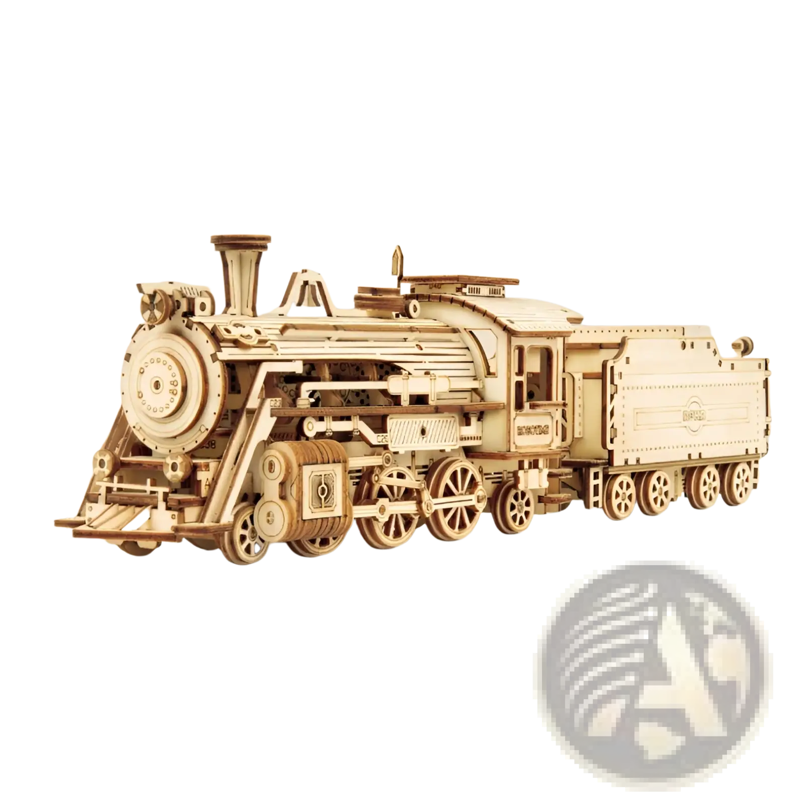 A meticulously crafted 3d wooden train puzzle diy mechanical model kit in natural light brown with intricate details