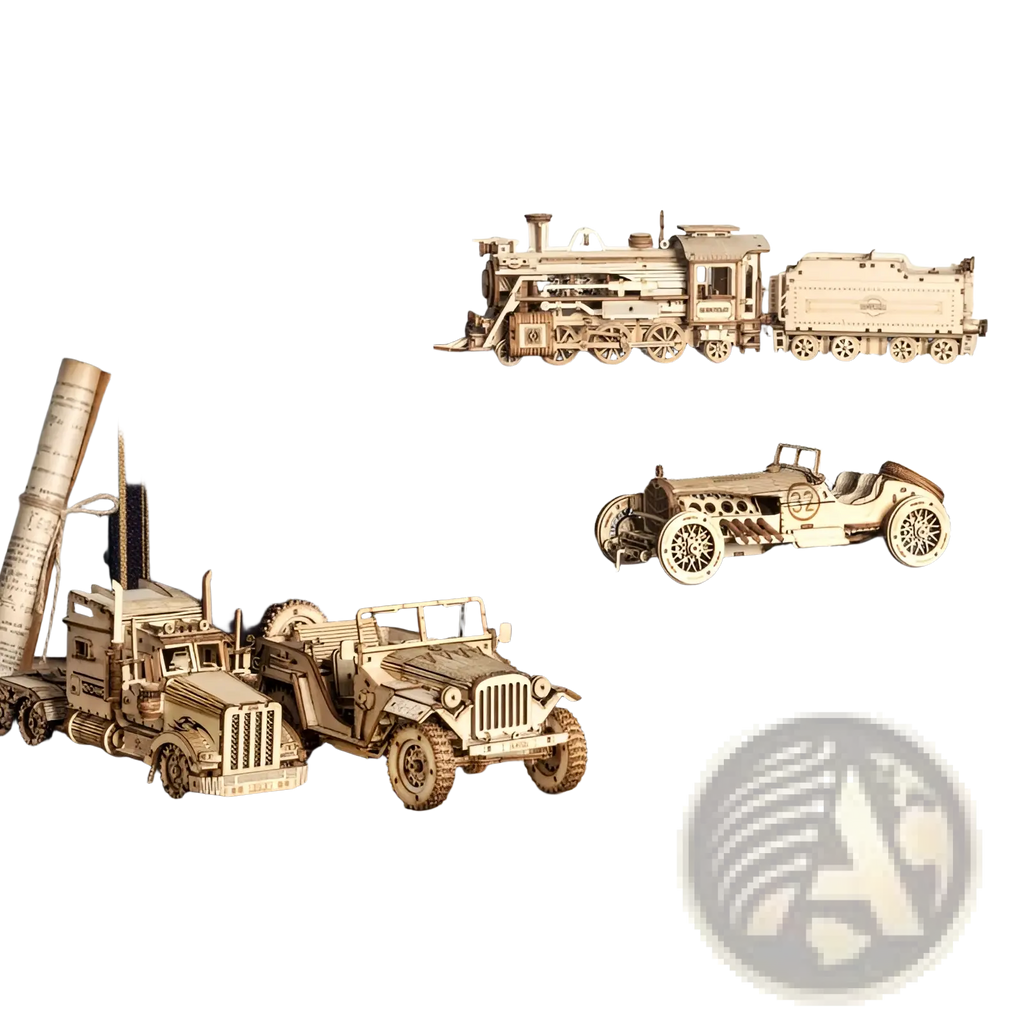 A detailed wooden 3d train puzzle diy mechanical model kit of a vintage steam locomotive with natural finish