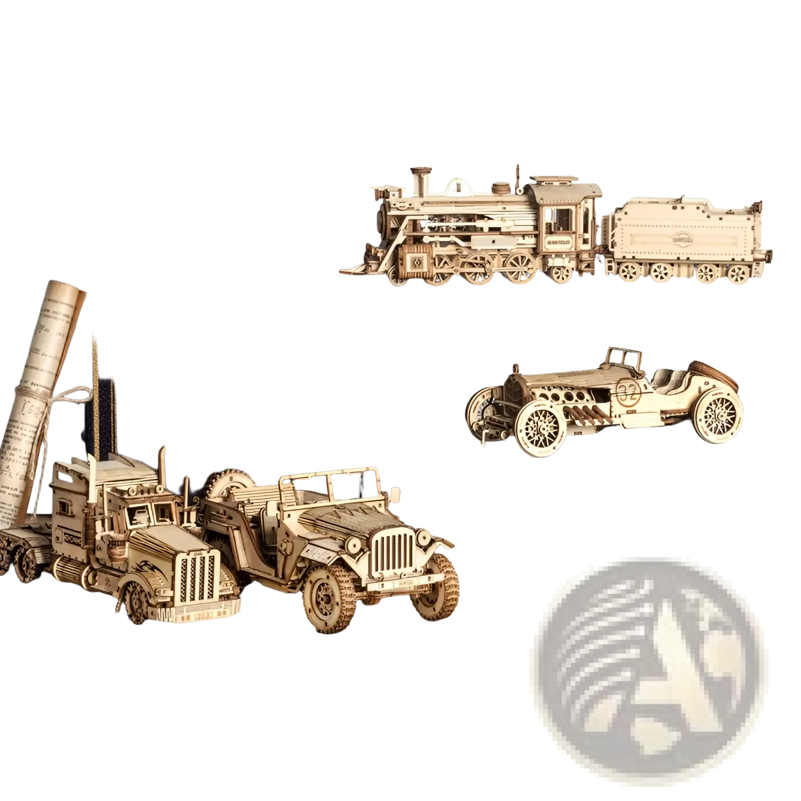 A detailed wooden 3d train puzzle diy mechanical model kit of a vintage steam locomotive with natural finish
