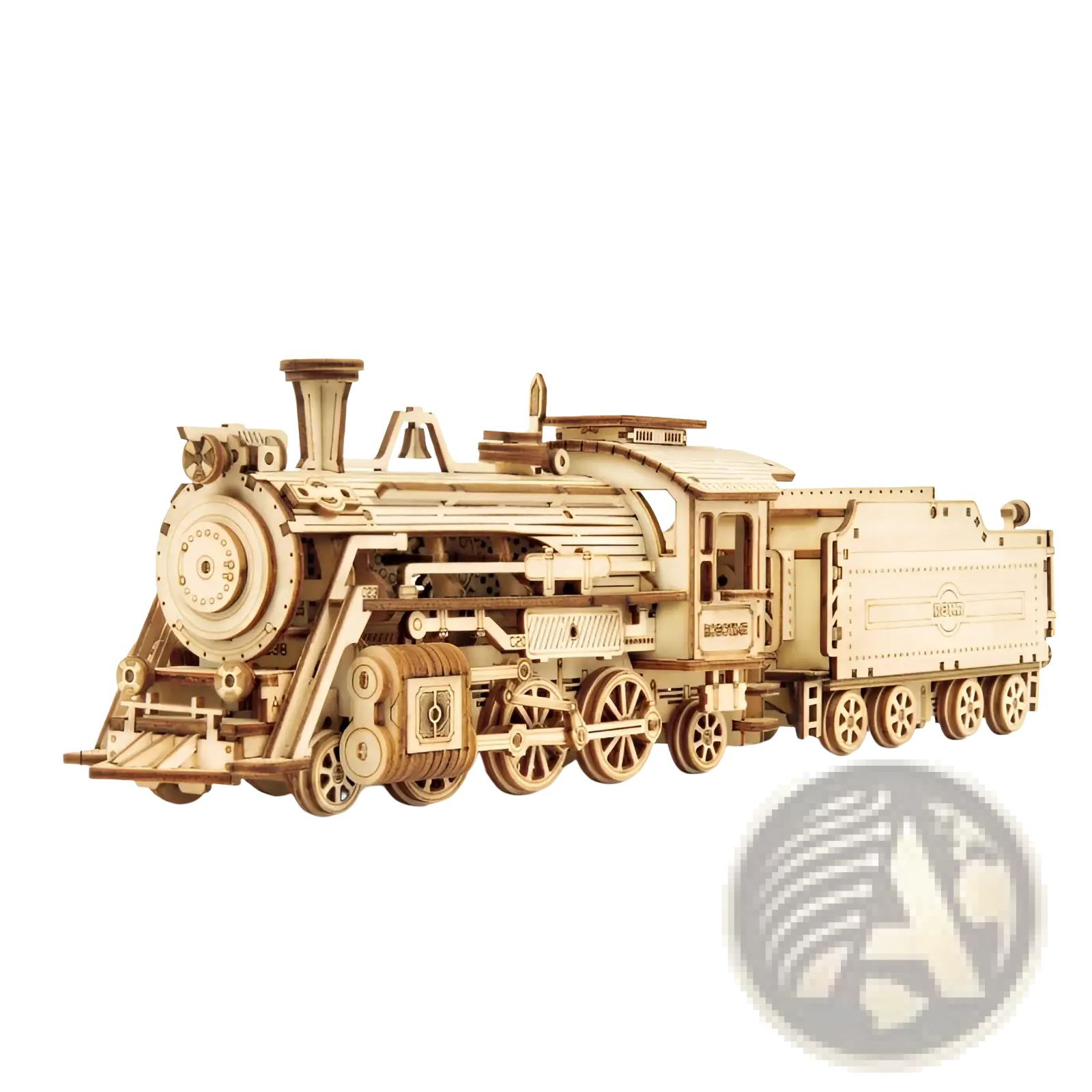 A natural light brown 3d wooden train puzzle diy mechanical model kit featuring a detailed steam locomotive with intricate parts