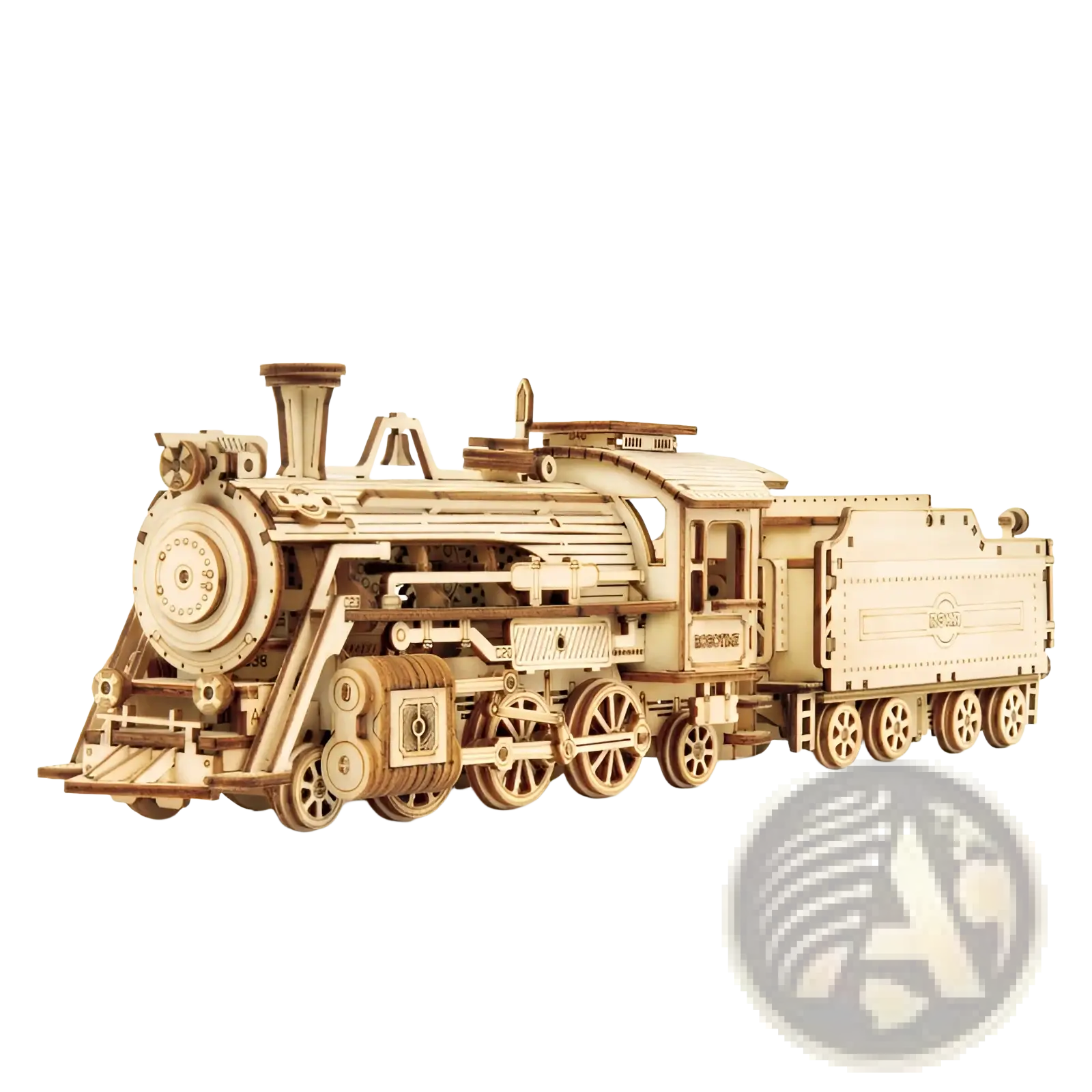 A detailed natural light brown wooden steam locomotive 3d puzzle diy mechanical model kit with intricate parts