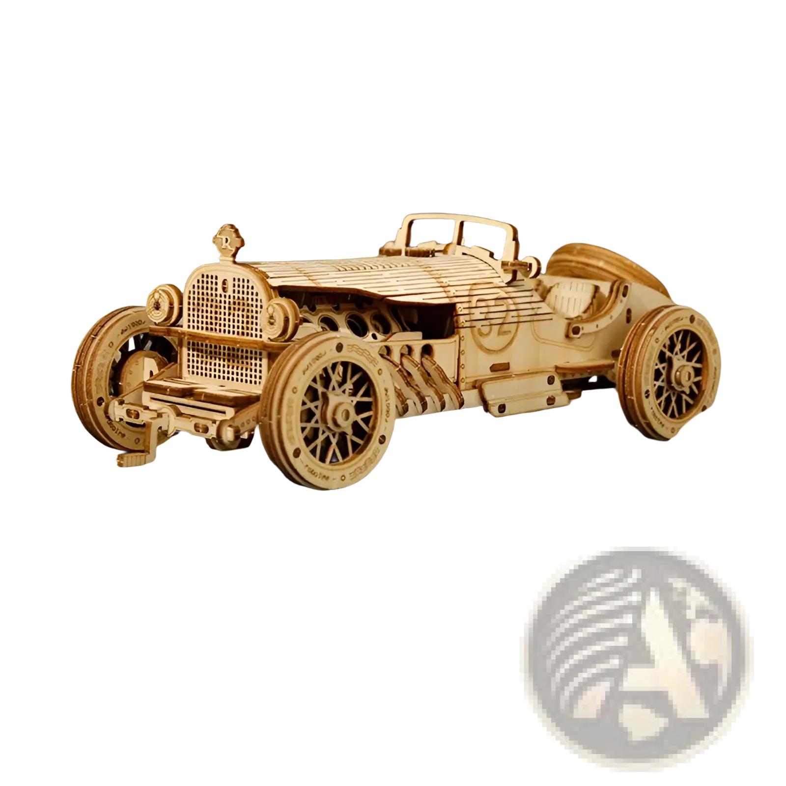 A detailed 3d wooden train puzzle diy mechanical model kit featuring a vintage race car with natural wood grain