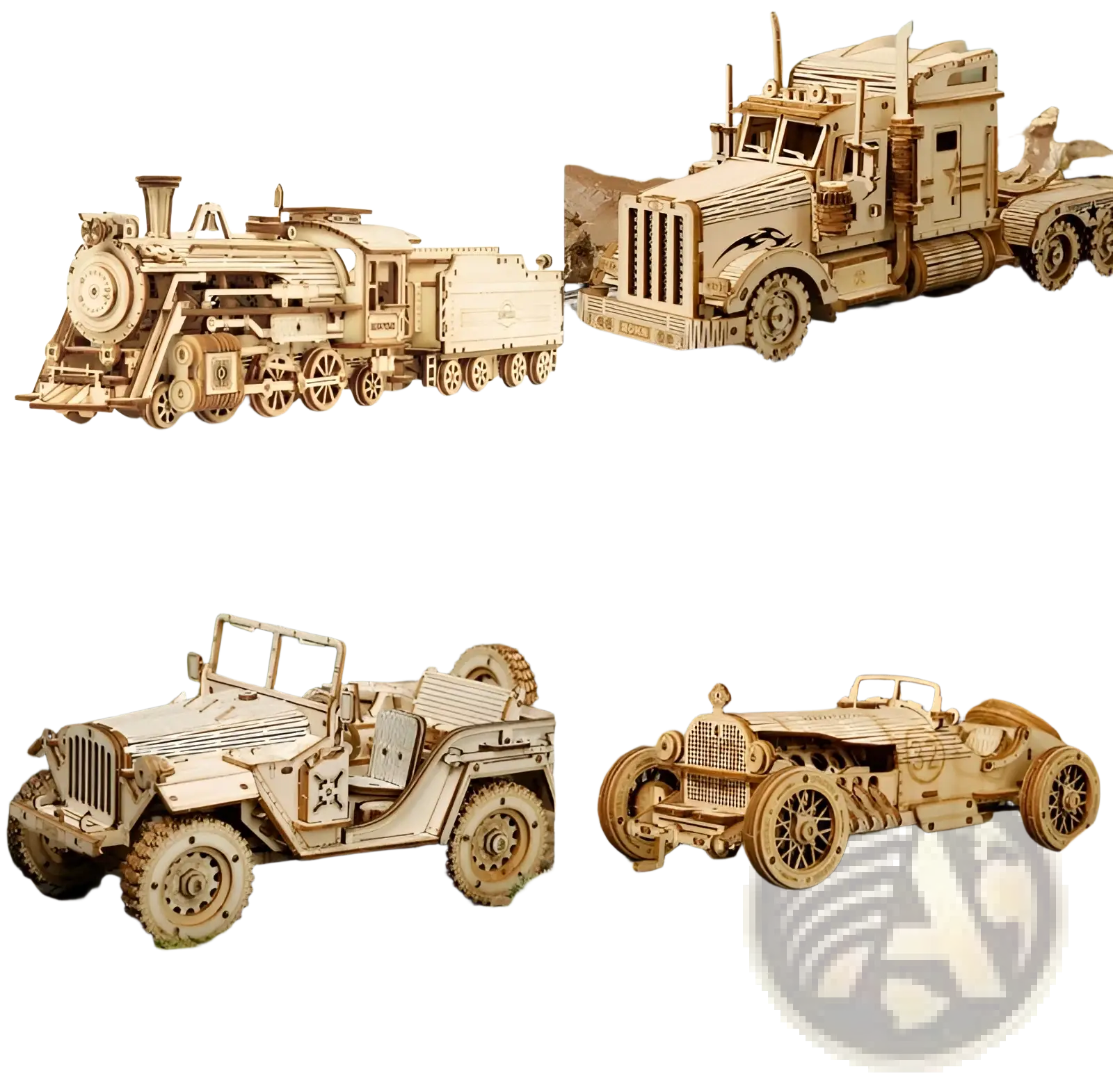 Wooden model train set with intricate mechanical details and natural light brown finish in 3d wooden train puzzle diy kit