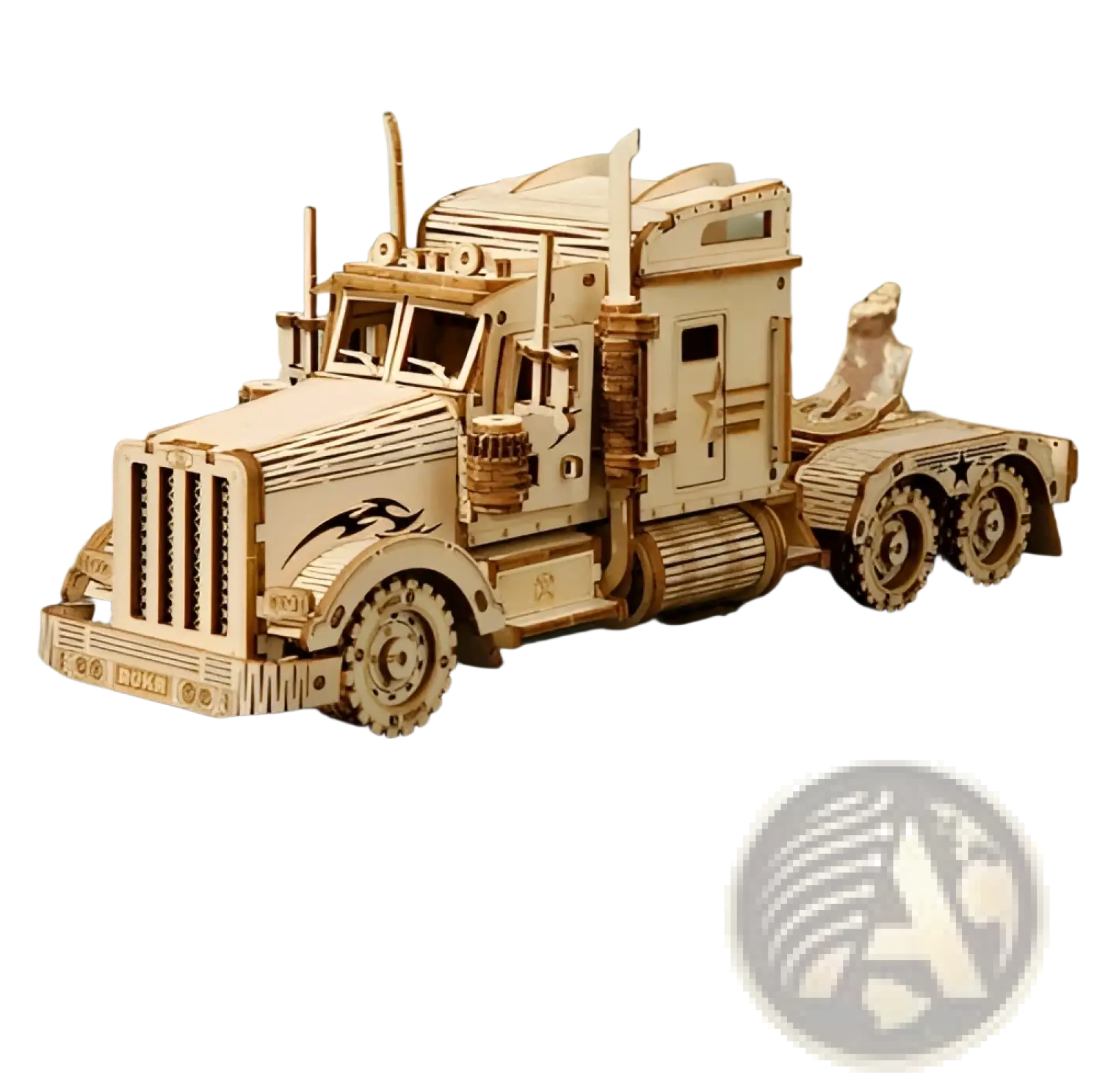 A detailed 3d wooden train puzzle diy mechanical model kit featuring an intricately crafted natural wood semi-truck