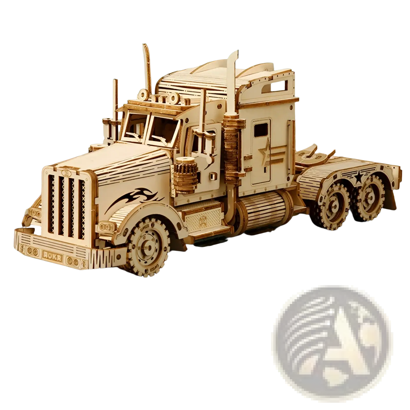 A detailed wooden kenworth semi-truck model with laser-cut pieces and black flame decals in natural wood tones