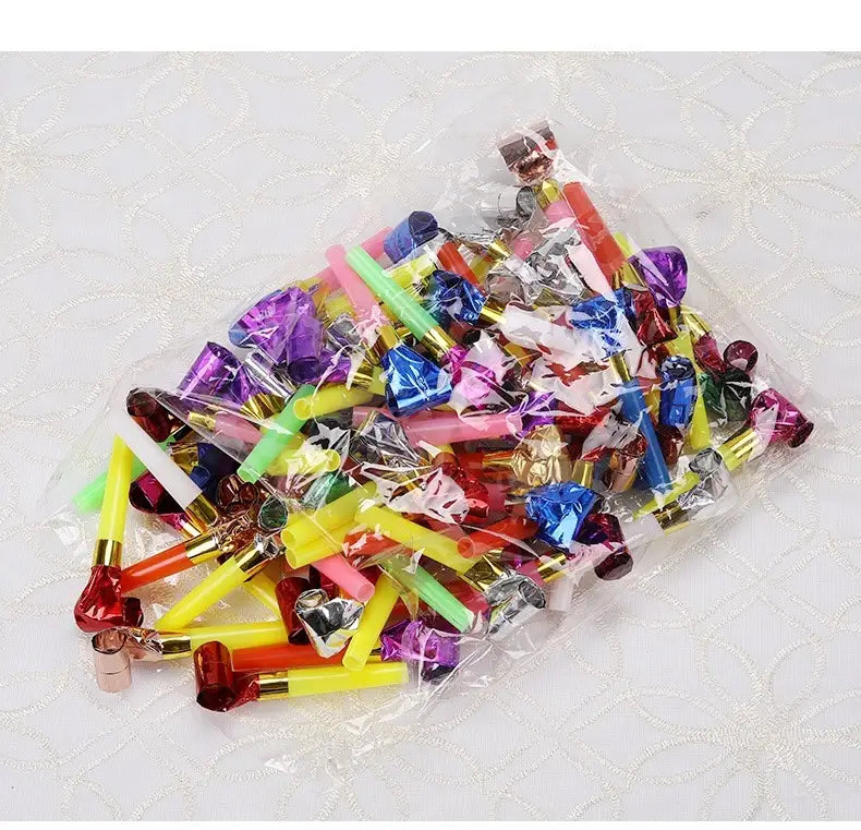 A colorful assortment of party blower noisemakers for kids birthdays in shiny metallic and plastic finishes 10 pack.