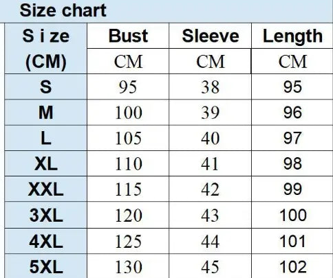 Tableau des tailles pour une robe midi à encolure en V et manches trois-quarts avec imprimé floral, indiquant les mesures du vêtement en centimètres pour les tailles S à 5XL.