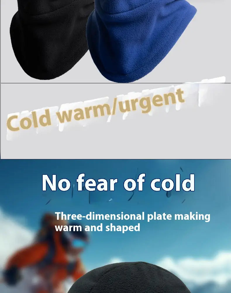 Black and blue fleece hooded balaclavas featured with a three-dimensional shaped design for enhanced warmth and thermal protection in winter.