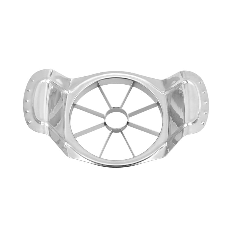 Trancheuse à pommes en acier inoxydable brillante, munie de deux poignées ergonomiques et d’une grille de coupe circulaire à 8 lames pour évider et trancher les pommes.