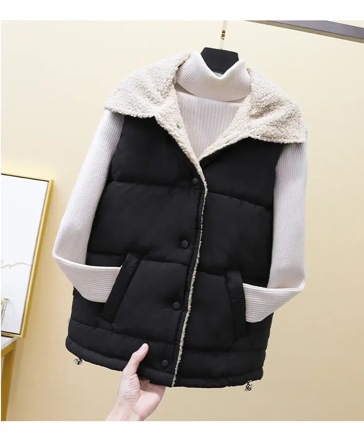 black quilted vest with plush cream-colored fleece-lined hood and ribbed white long sleeves complementing the mint green quilted shearling vest for women.