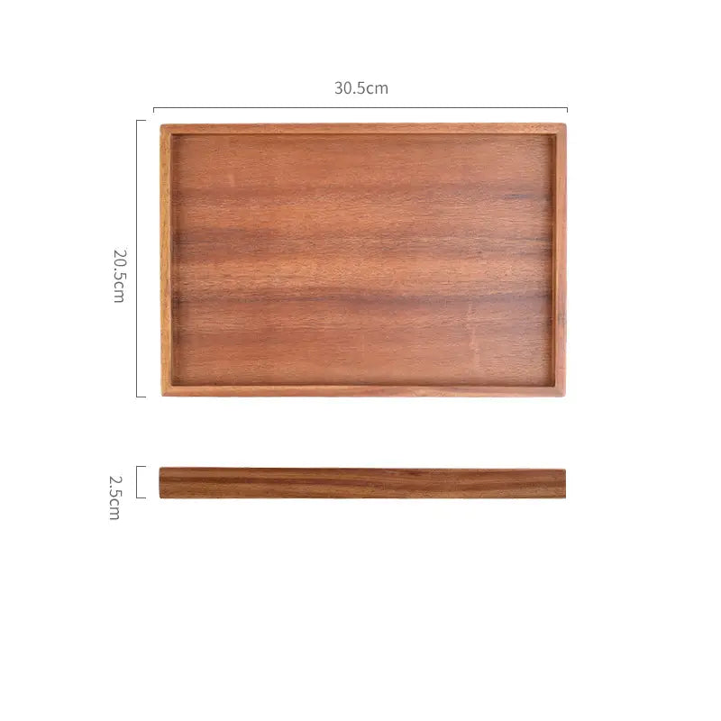 Acacia wood rectangular serving tray with a warm brown finish and visible wood grain measuring 30.5cm by 20.5cm with 2.5cm depth hand polished for durable use.