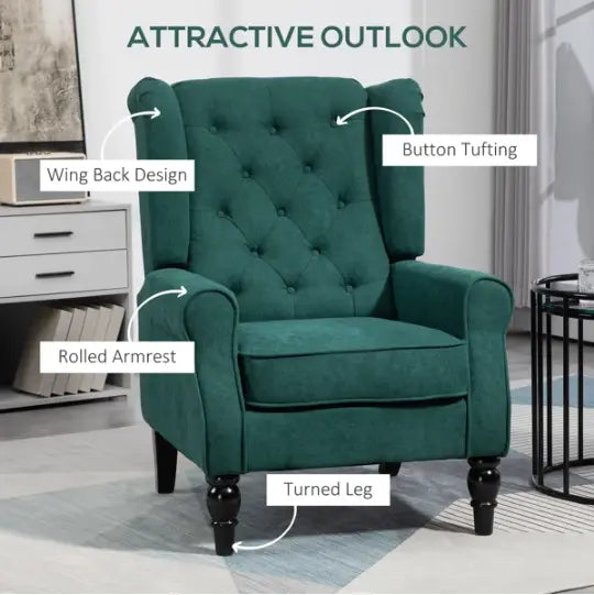 Fauteuil d’appoint à dossier capitonné « wingback » en velours vert émeraude foncé, avec pieds en bois tourné.