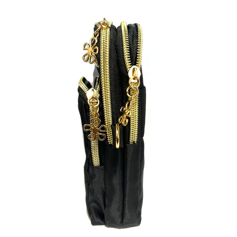 black fabric halloween pumpkin snoopy embroidered crossbody phone bag wallet with three gold zippers each adorned with a small flower shaped charm
