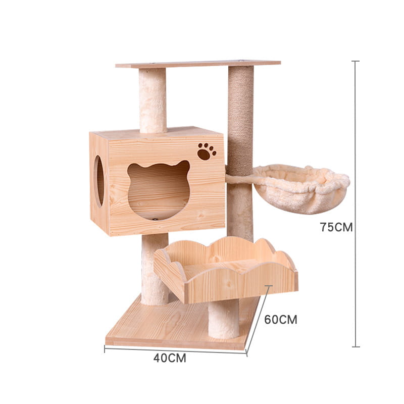 Light-colored wooden cat tree scratching post and condo featuring a paw print and cat-shaped cutout on the cubby, sisal-wrapped scratching posts, and a plush beige hammock and platform.