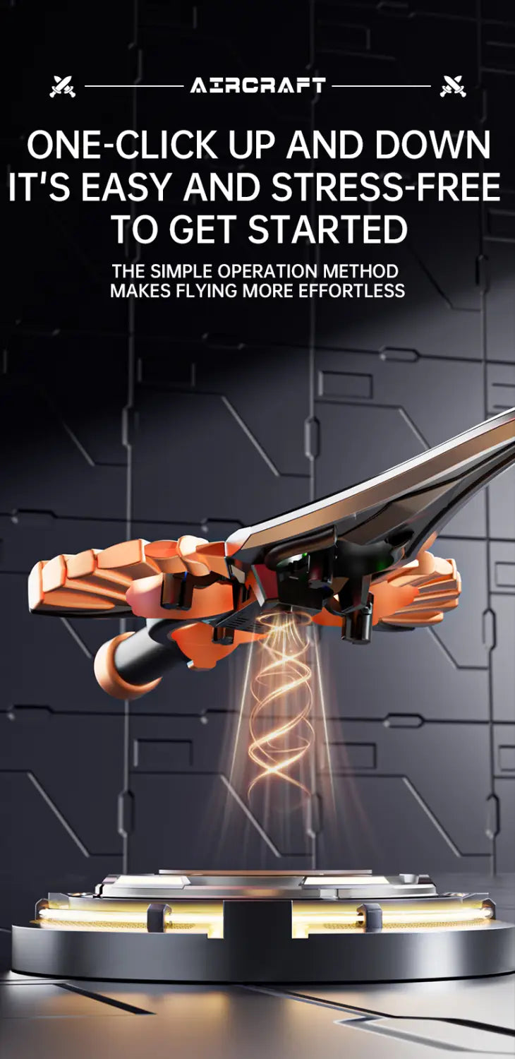 Orange and black toy aircraft with a sleek futuristic design featured in the flying sword drone gold robot battery kids toy.