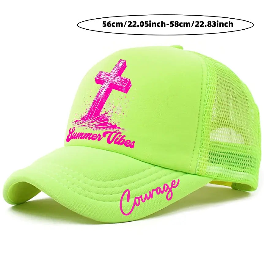 neon green trucker hat baseball cap featuring a pink cross and summer vibes graphic on the front with courage scripted along the brim.