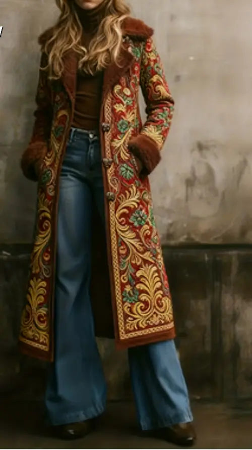 Damen-Langmantel aus Wolle, bestickt mit floralen Mustern in Rot und Gold, mit einem plüschigen braunen Shearling-Kragen und -Ärmelsäumen