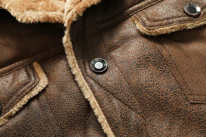 Veste en cuir doublée de peau de mouton marron, à boutons à l’aspect argenté, conçue pour la collection de vestes en denim doublées de polaire d’hiver pour homme, en peau de mouton.