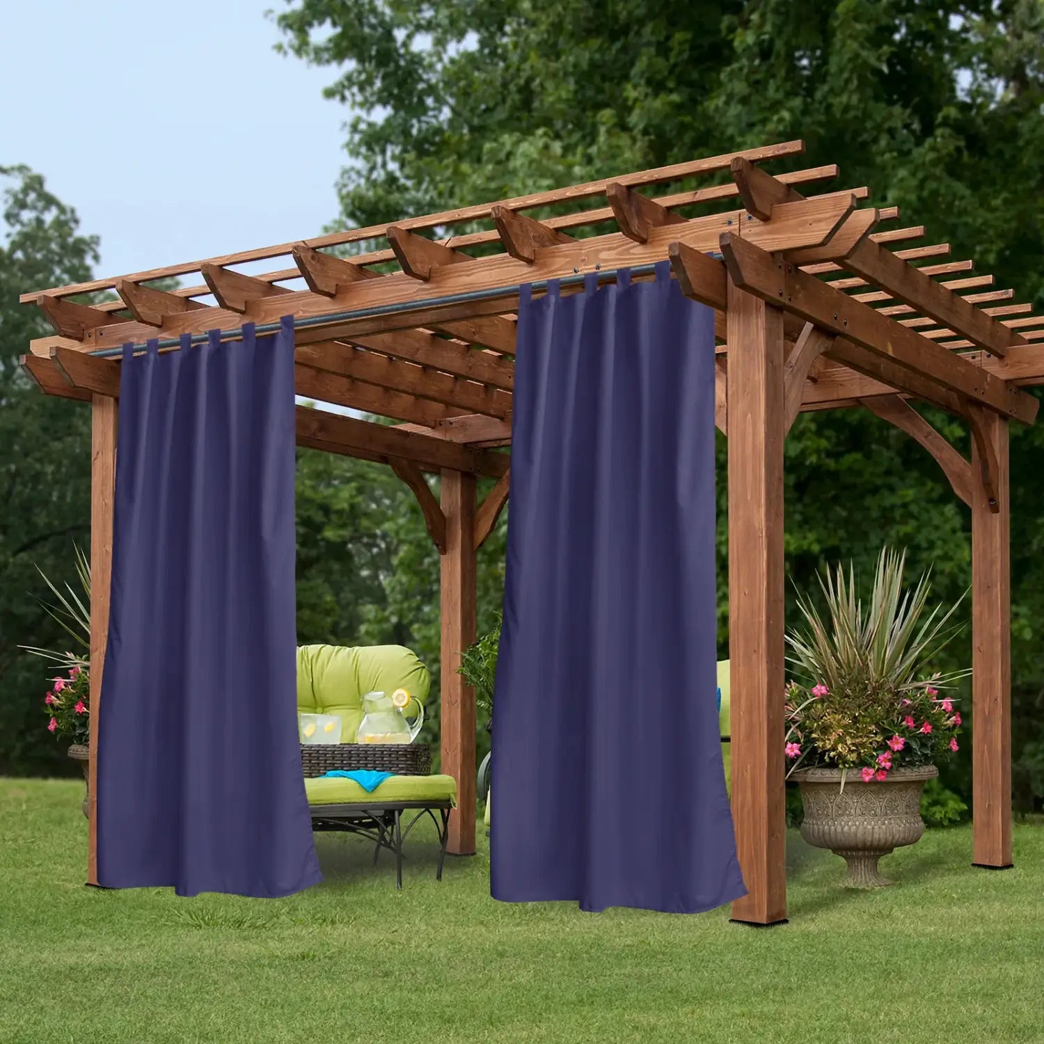 Deep navy blue outdoor curtains waterproof tab top 50x96 hanging from a wooden pergola made of durable fabric with a simple solid color.