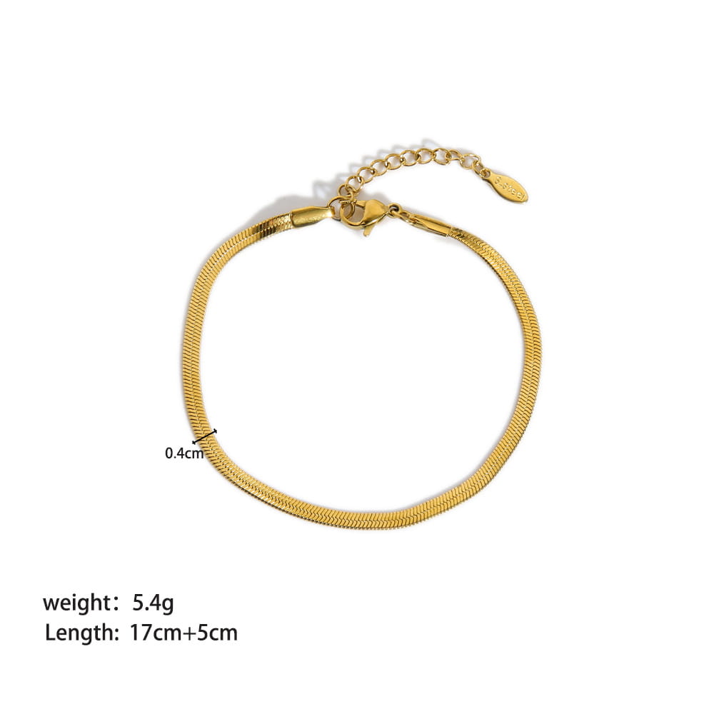 18k gold pvd plated stainless steel chain link bracelet in gold color featuring a sleek interlocking snake chain design with an adjustable clasp.