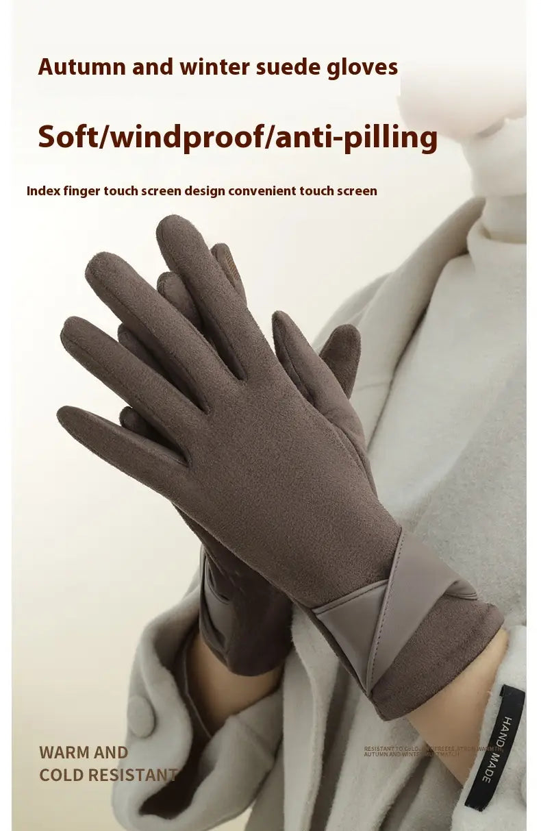 Brown suede touchscreen fleece lined bow gloves showing the back side with a wrist strap and touchscreen compatible index finger design.