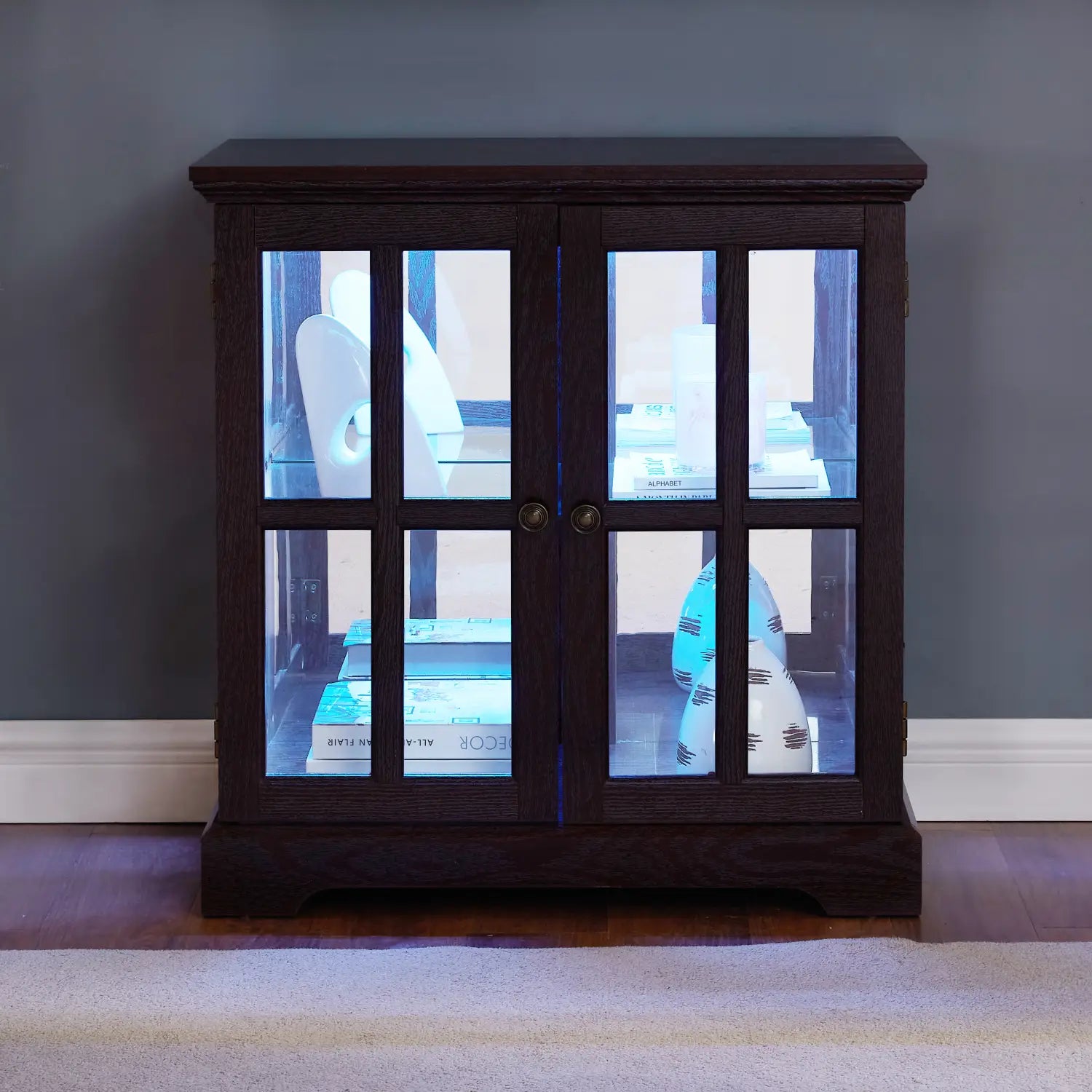 led curio display cabinet dark wood two door with glass panels illuminated interior and adjustable shelves for showcasing collectibles.