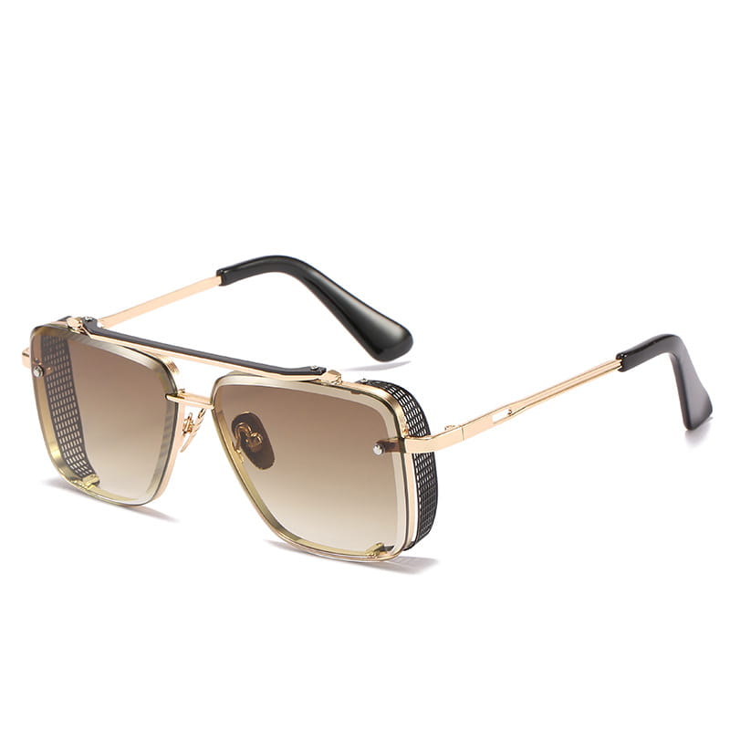 Retro metal mesh aviator sunglasses in gold tone with black mesh side panels and gradient brown uv400 lenses.