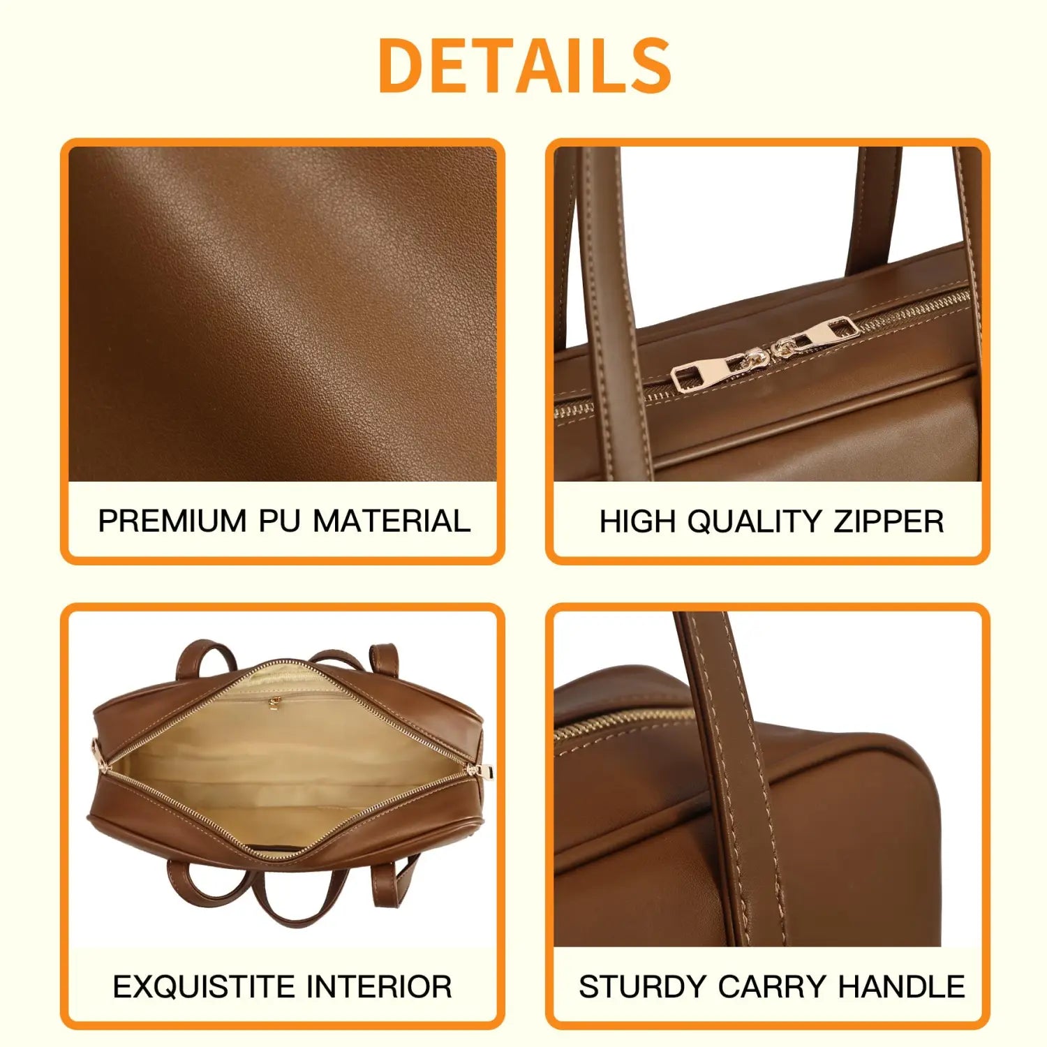 Brown pu leather lxq026 chic leather single shoulder bag for women featuring a high-quality zipper and sturdy carry handle.