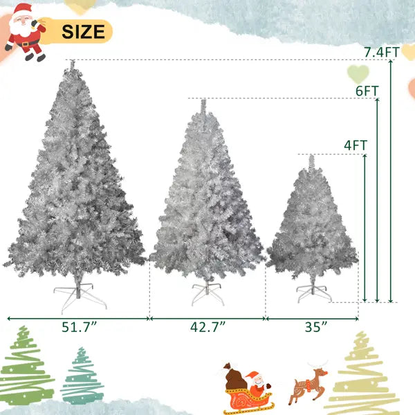 Silver pre-lit artificial Christmas tree with LED lights featuring a textured pine-like finish and a sturdy metal stand.