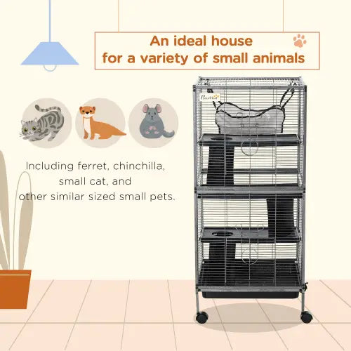 cage pour furet et petits animaux à 5 niveaux superposés à roulettes, en noir, en métal, avec roues et un hamac suspendu, conçue pour les petits animaux